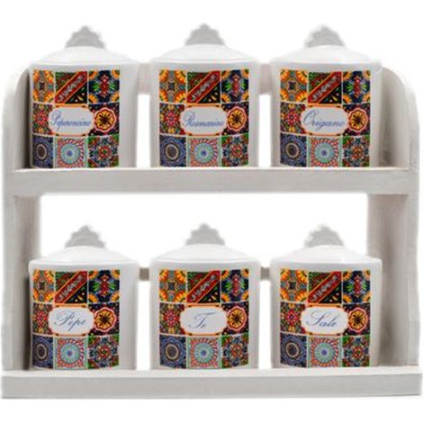Set 6 Barattoli da Cucina Porta Spezie con Mensola Decoro Sicily (1/3)