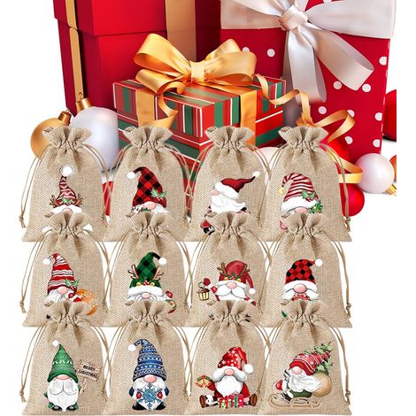 Sachets à bonbons en forme de gnome de Noël (12 pièces), réutilisables avec cordon de serrage, les adultes et les familles (1/5)