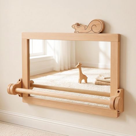 Miroir d'Éveil avec Barre d'Appui, Meuble Mural de Chambre Bébé en Bois Naturel, Incassable, 60x40cm