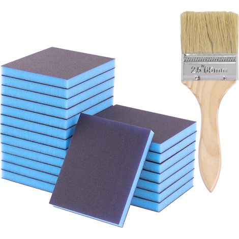 Le kit de 21 éponges de ponçage grain 180 comprend 20 blocs de ponçage réutilisables et lavables de 120 x 100 x 12 mm avec 1 pinceau pour bois, métal, peinture et cloison sèche (1/5)