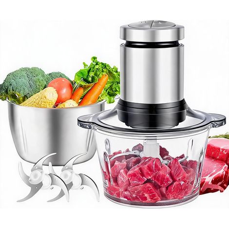 &Electric Mincer 400 W, Meat Mincer with 2 Bowls (2L Glass + 2L Stainless Steel), 2 Bi-Level Blades, Chopper Blender, Vegetables, Onions, Fruits& (1/5)