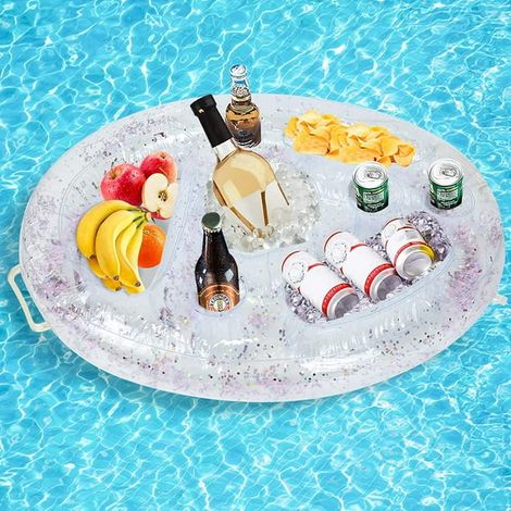 Support de boisson gonflable, plateau flottant pour bar, porte-verres à jus et bière, buffet à salade de fruits, grande capacité pour piscine, plage, fête estivale en extérieur, spa (transparent) (1/5)