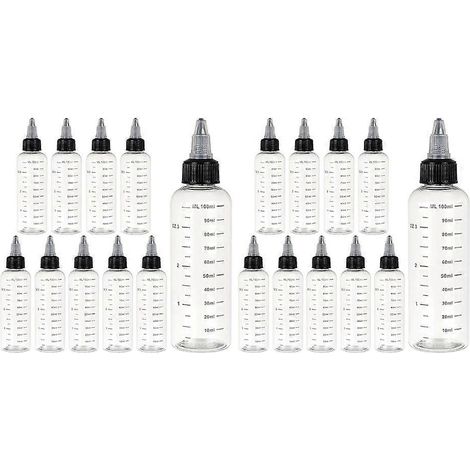 Packung mit 20 durchsichtigen, flexiblen 100-ml-Kunststoffflaschen mit Graduierung und Schraubverschluss (1/5)