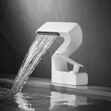 Robinet Cascade pour Lavabo - Mitigeur Monocommande 1 Trou en Laiton Blanc (Chromé)- Installation Facile - Pour Salle de Bain Contemporaine (1/4)