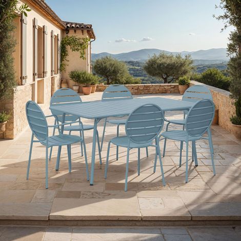 Table + 4 chaises + 2 fauteuils ronds en métal bleu gris - BACA