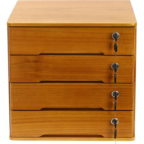 Organisateur de bureau en bois avec tiroirs, poste de travail à domicile, fournitures de bureau, boîte de rangement de bureau verrouillable avec tiroirs 4 étagères, support de rangement, jaune bois (1/5)