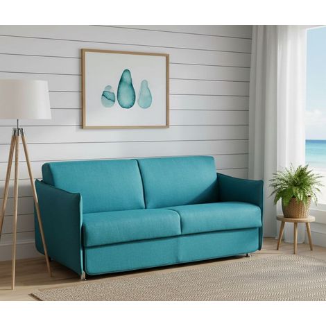 Dmora - Sofá fijo 2 plazas Polissena, Sofá lineal para salón, acolchado, desenfundable, calidad 100% Made in Italy, 160x95 h90 cm, Azul claro (1/4)