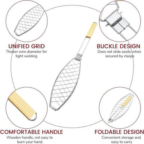 Grille Barbecue pour Poisson, Panier à Rôtir Pliable, Support Portable pour l'Extérieur, Accessoires de Grillade 63x12cm (1/5)