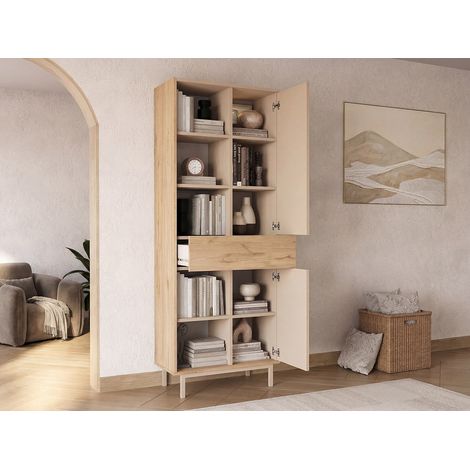 Bibliothèque avec 2 portes, 1 tiroir et 5 niches - Beige et Naturel clair - REYALA