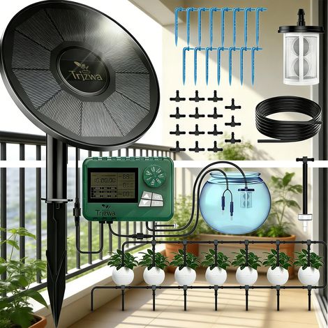 Kit de système d'irrigation automatique solaire avec fonction d'avertissement rapide, minuteur d'eau programmable bricolage avec tuyau d'irrigation de 15m et 15 gouttelettes pour balcon / jardin (1/5)