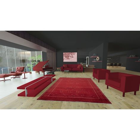Tapis Loribaft Tapis Croco - Tapis en laine - 300x80cm, Rectangular - 92% Laine vierge, 8% Soie - Noué main - Rouge (1/5)