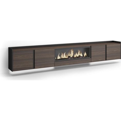 Skraut Home - Mobile TV Soggiorno, Ampio spazio a disposizione, 315x35x50cm, Per TV fino a 80", Camino elettrico XXL, Sospeso, da appendere, LED, Stile moderno, Rovere scuro e Nero