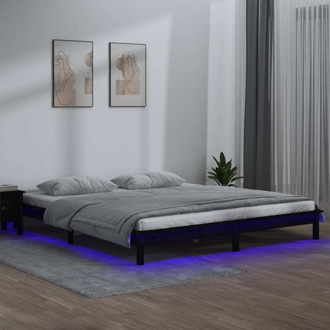 Estructura de cama doble con LED madera maciza negra 120x190 cm (1/5)