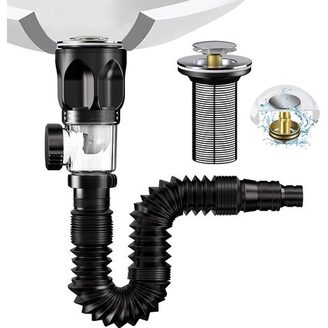 Bonde de Lavabo, Kit de Vidange D'Évier De Salle de Bain, Siphon Lavabo Avec Tuyau de Vidange Flexible Rétractable en Pvc et Bouchon Lavabo Pop-Up, Résistant Aux Odeurs Et Aux Insectes (1/5)