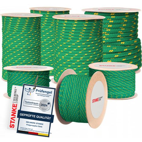 Seilwerk STANKE Corde polypropylène verte avec fils marqueurs jaunes 12mm 5 m - Corde à linge extérieur, pour attacher la tente - Cordeau pour le jardin extérieur, la pêche, la survie
