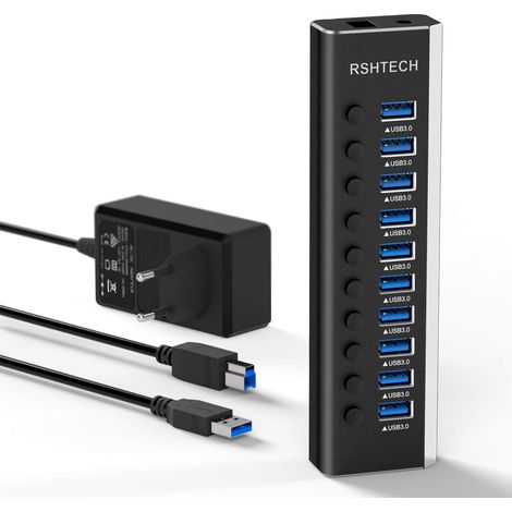 36W Hub USB 3.0 Alimenté à 10 Ports Aluminium Multiprise USB Hub avec 12V / 3A Alimentation Externe Multi Port Hub avec Commutateurs Individuels et Indicateur LED (1/5)