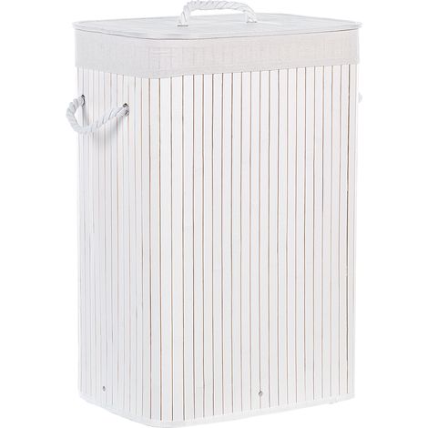 Cesta de madera de bambú blanca 60 cm tapa extraíble accesorio boho Komari (1/5)