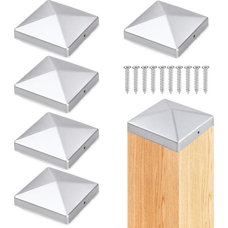 5 Pièces Chapeau Poteau Bois 10x10 cm, Capuchons de Clôture, Capuchons pour Poteaux en Forme de Pyramide, Capuchons de Protection pour Poteaux de Clôture avec Vis et Trous de Fixation (1/5)