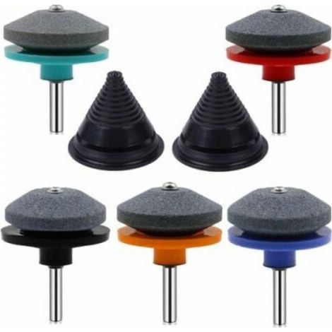 Set di 5 pezzi per affilare le lame del tosaerba con 2 strumenti di bilanciamento per lame, compatibile con la maggior parte dei trapani elettrici e manuali da giardino. (1/4)