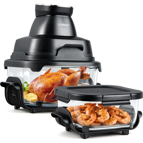 COSTWAY Friteuse sans Huile Portable 4 L ou 1,7 L, 1 500 W, Air Fryer avec 2 Récipients en Verre Empilables avec Couvercles, Design compact, 6 Programmes, Lavable au Lave-Vaisselle (Noir) (1/5)