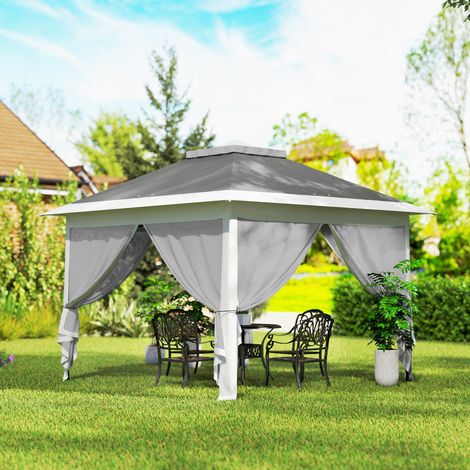 Tente pliante pop-up 3,3 x 3,3 m, hauteur réglable, double toit, moustiquaires amovibles et sac de transport inclus, gris anti-UV (1/5)