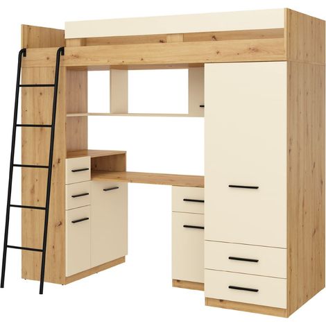 Letto soppalco con scrivania BIM Furniture SMYK L cm110x204x188h Rovere scuro Crema