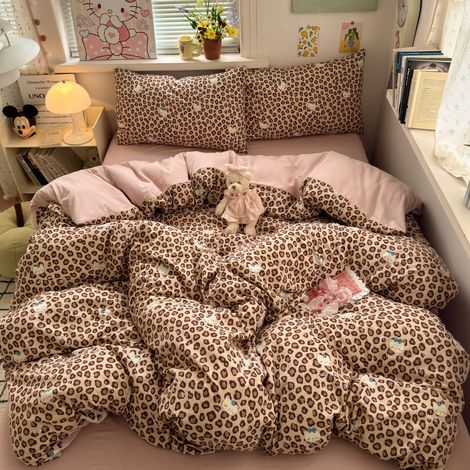 Parure de Lit 4 Pièces en Coton Lavé Ultra Doux - Qualité Maternité Classe A - Housse de Couette, Drap-Housse et Drap Plat 180x220 cm - Motif Léopard Café au Lait - Idéal Étudiant-lsw