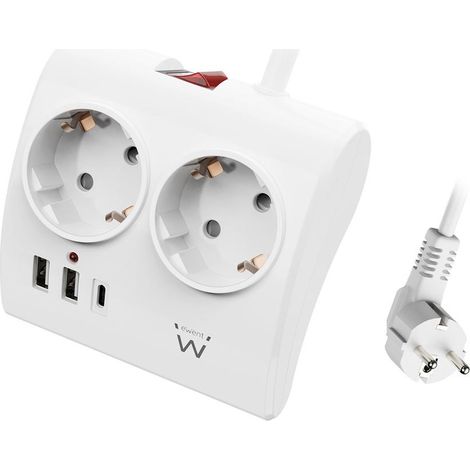 Ewent Multi-Plug de Desktop avec 2 prises Schuko et 2 ports USB-A et 1 port USB-C, de Interrupteur marche/arrêt, 3680 W, protection contre les surcharges, prise Schuko de 16 A et Cable de