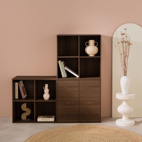 Etagère. bibliothèque modulable décor bois noyer 3 éléments - 2 portes 8 niches L 70 x P 35 x H 210cm - Kompo
