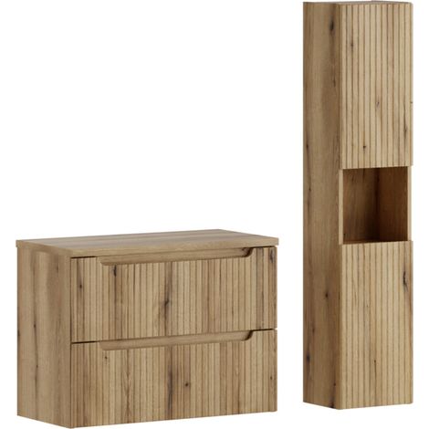Ensemble meuble salle de bain suspendu NOVA Chêne naturel 80cm avec colonne de rangement (1/5)