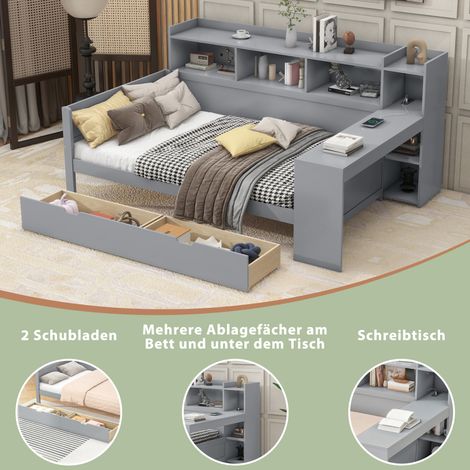 Canapé-lit, méridienne, 90 x 200 cm, avec table de chevet et étagère sous table, lit avec prise électrique et port USB, 2 tiroirs, bureau, sans matelas, panneaux de particules, gris (1/5)