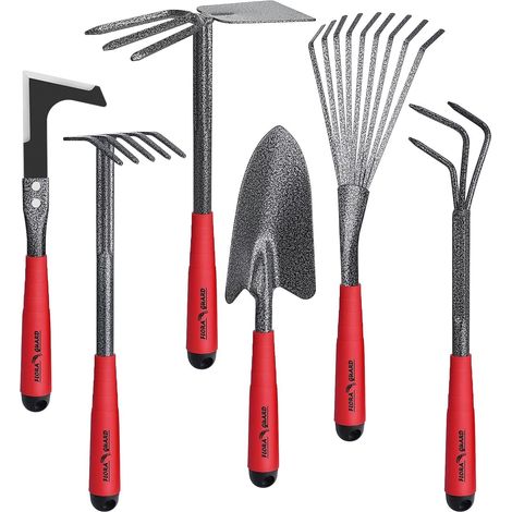 6 Piece Stainless Steel Garden Tool Kit  With 2-in-1 Hoe, Trowel, Rake and Weeder Knife, Hammered Finish, Ideal for Pruning and Maintenance (1/5)