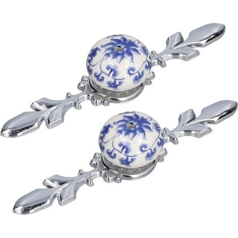 Paar blau-weiße Keramikgriffe für Schranktüren, Kommoden und Schubladen, moderner und ländlicher Stil, elegantes blaues Blumenmuster (großes Modell 1060D) (1/5)