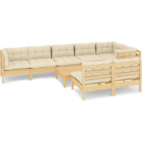 Conjunto de muebles de jardín muebles de exterior 9 piezas con cojines color crema madera maciza de pino 020017972