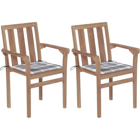 Gartenstühle 2 Stk. Graue Karomuster-Kissen Massivholz Teak vidaXL (1/5)