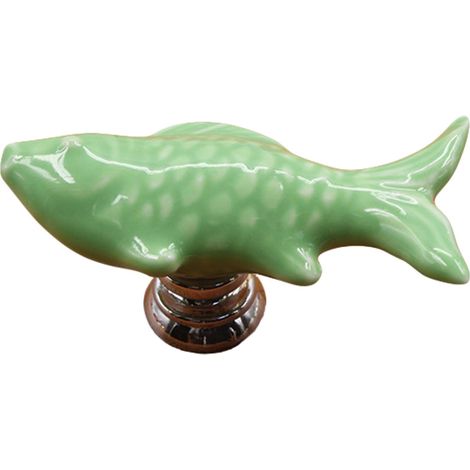 Fischförmiger Tür- und Schubladengriff – elegantes Design aus Keramik und Zink – 55 mm – Grün – für Kleiderschrank, Schrank, Kommode – inklusive Schrauben