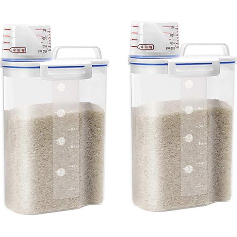 Lot de 2 boîtes de rangement pour riz et céréales - Boîte de conservation hermétique pour aliments secs, petit distributeur de riz en plastique avec verre doseur. (1/5)