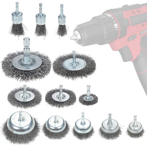 Kit 13 brosses métalliques carbone – 1/4", décapage rouille, pour perceuse, gros grain 0,012" (1/5)