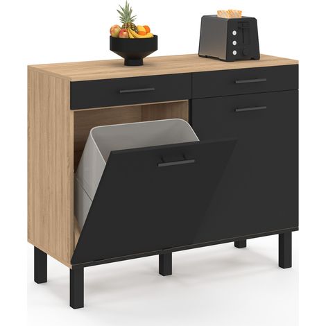 Idmarket – Buffet bas de cuisine 100 cm – Espace poubelle intégré – 2 portes + 2 tiroirs – Dimensions H.83 cm x L.40 cm – Finition hêtre et noir (1/5)