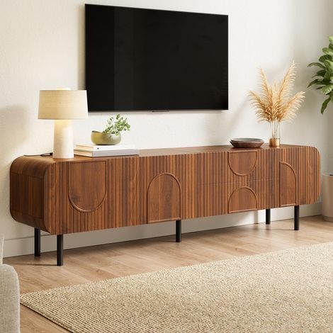 Mobile TV porta TV credenza bassa da soggiorno, stile Mid-Century retrò in MDF con 3 ante e 2 cassetti 180 cm piedini in metallo, Noce (1/5)