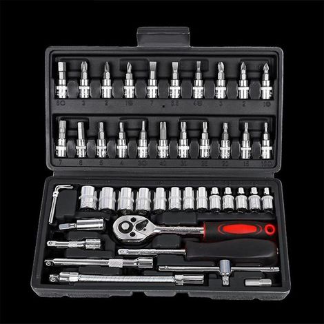 Coffret 46 outils cliquet et douilles Tournevis entraînement 1/4" Kit réparation véhicules, motos, mécanique Étui rangement Pour maison et route (1/5)