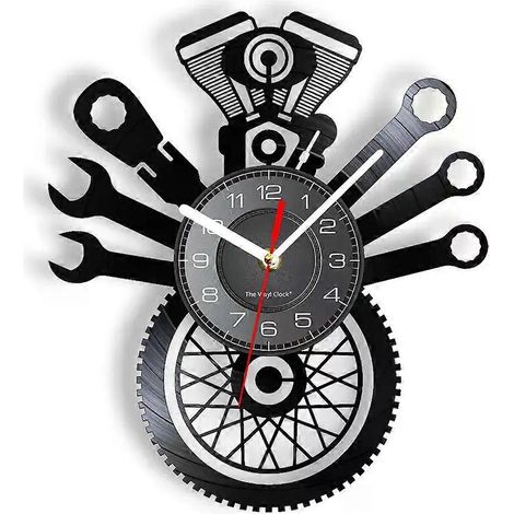 Horloge murale rétro pour service moto, garage, bar, panneau publicitaire, décoration pour atelier ou salle de jeux, logo de mécanicien, horloge murale personnalisée avec moteur et pneu - JXLGV (1/4)
