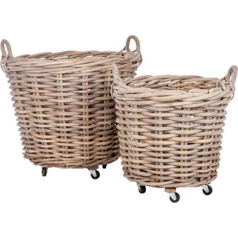 Lot de 2 Paniers Ronds "Anses & Roulettes" 82cm Naturel