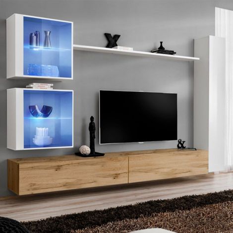 Meuble TV Mural Design "Switch XVIII" 280cm Naturel & Blanc (1/4)