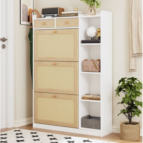 Zapatero estrecho de ratán, 3 abattants, 2 cajones, 90 x 24 x 130 cm DESVIAE (1/5)