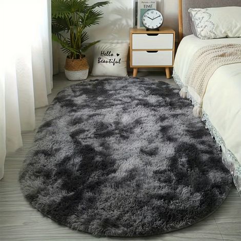 LAN Gris foncé 5050cm (laine de soie) Tapis en soie et laine, tapis de chambre, résistant aux taches, facile à nettoyer, tapis ovale antidérapant pour le chevet. (1/4)