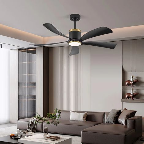 Ventilateur de plafond 132 cm avec LED 20 W, moteur DC silencieux, 6 vitesses, télécommande, finition noir et doré, mode été/hiver réversible (1/5)