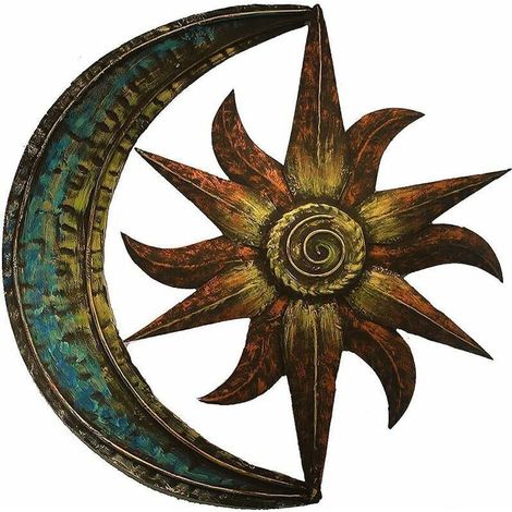 Décoration Murale Métal Soleil Lune, Décoration Murale Créative Suspendre pour Jardin, Art Mural Decor Vintage pour Salon Chambre(30X30cm)