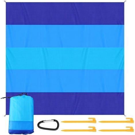 Serviette de plage, tapis de plage 200 x 210 cm, 6 piquets et 1 mousqueton, tapis de plage anti-sable, accessoires de plage, couverture de plage antidérapante, pour la plage et les pique-niques (1/3)