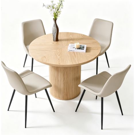 Set da pranzo rotondo 5 pezzi, tavolo in MDF da 100 cm e 4 sedie in similpelle grigia (1/5)
